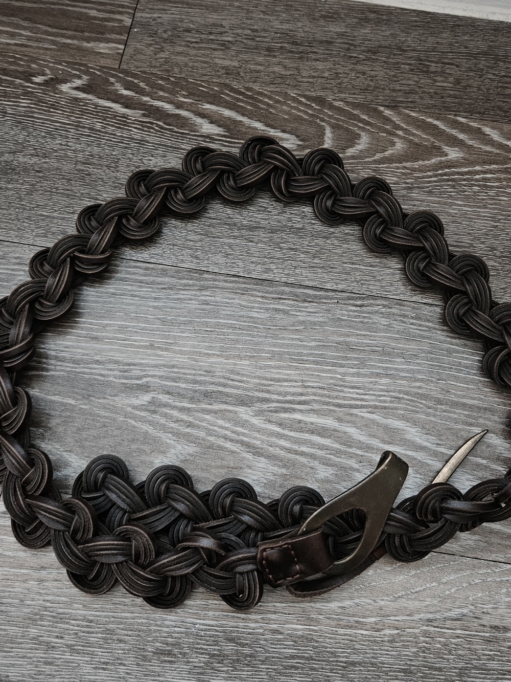 Vintage Braided Dark Brown Leather Belt with Antique Brass Buckle - Picture 4 of 4